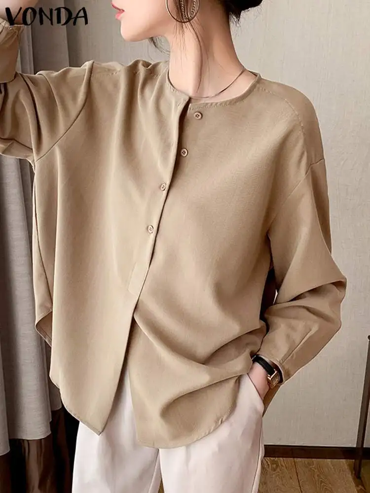 

Elegant Shirts 2023 VONDA Vintage Women Summer Casual Solid Color Tops Loose Long Sleeve Blouses Buttons Blusas Femme Oversized