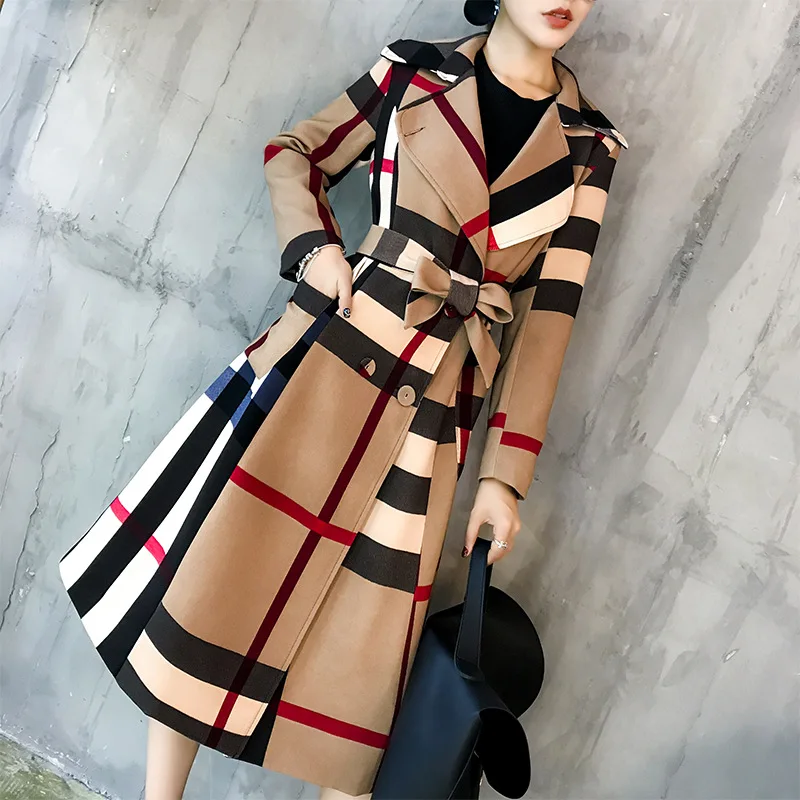 

2023 American Women's Autumn And Winter New Plaid Lapel Mid Length Color Matching Retro Trench Coat Long Sleeve Coat Windbreaker