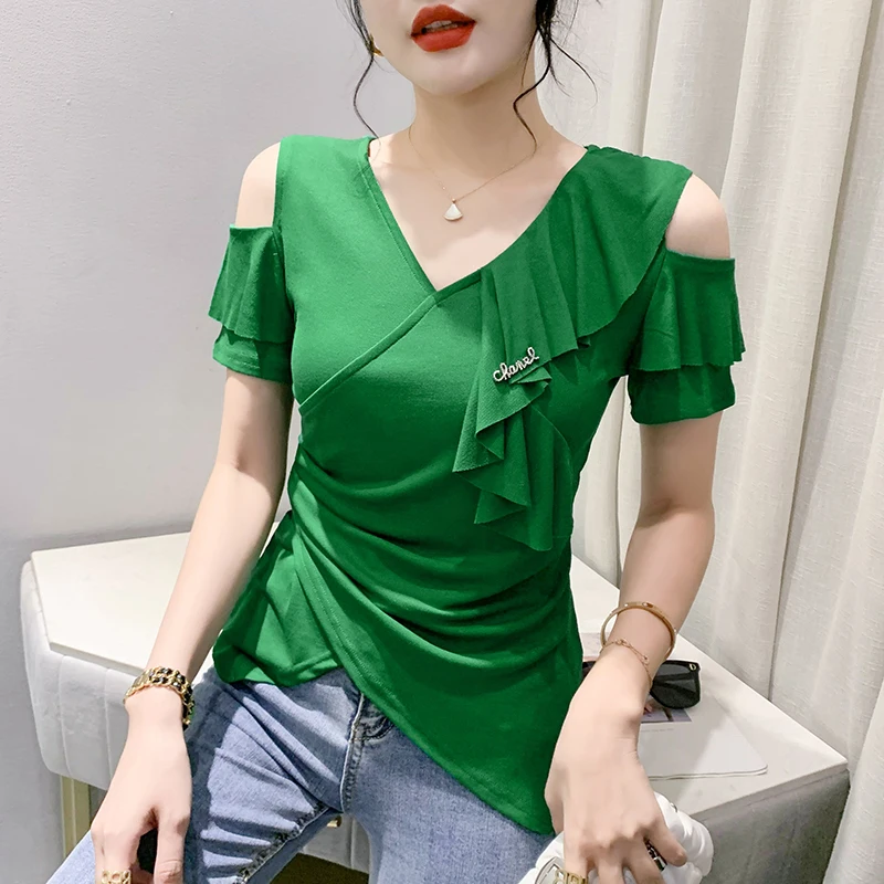 

Летняя женская футболка с оборками, V-образным вырезом и коротким рукавом