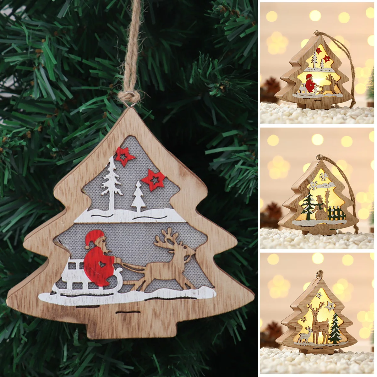 

L Luminous Christmas Tree Decoration Wooden Christmas Tree Pendent Hanging Christmas Ornament Durable Cute Glowing Small Xmas