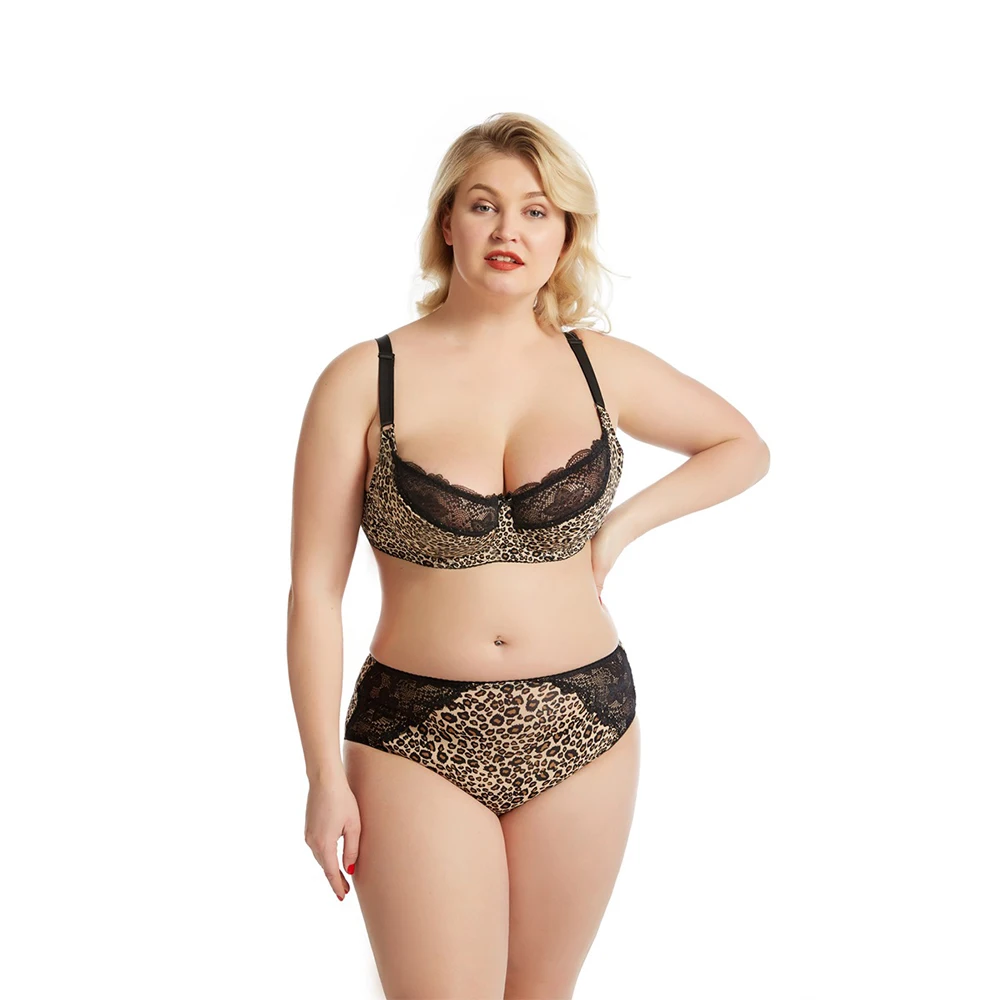 

Leopard Print Plus Size Bra Set Push Up Bras and Panty Set Classic Bandage Underwire Lingerie Set Ultrathin Gathered Underwear