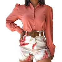 1 set women shirt shorts solid color fashion print summer solid color shirt printed shorts for office