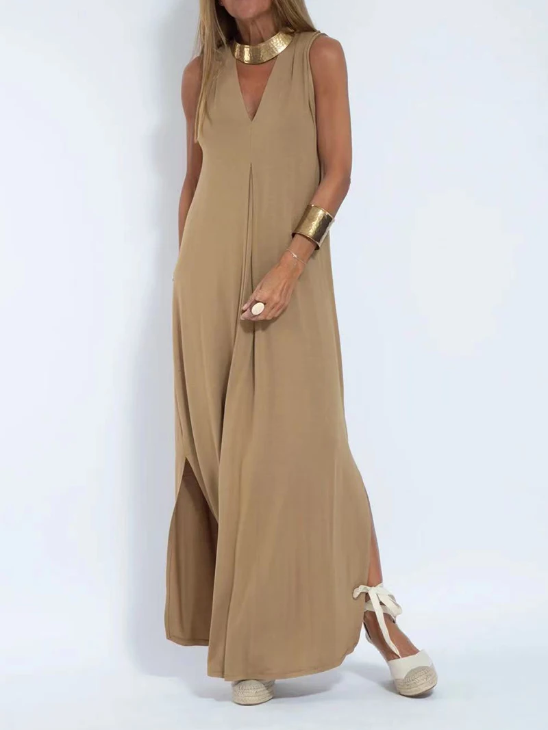 

Casual Loose Maxi Dress Women Summer 2023 Fashion Streetwear Solid V Neck Split Long Dresses White Black Beach Vacation Robes