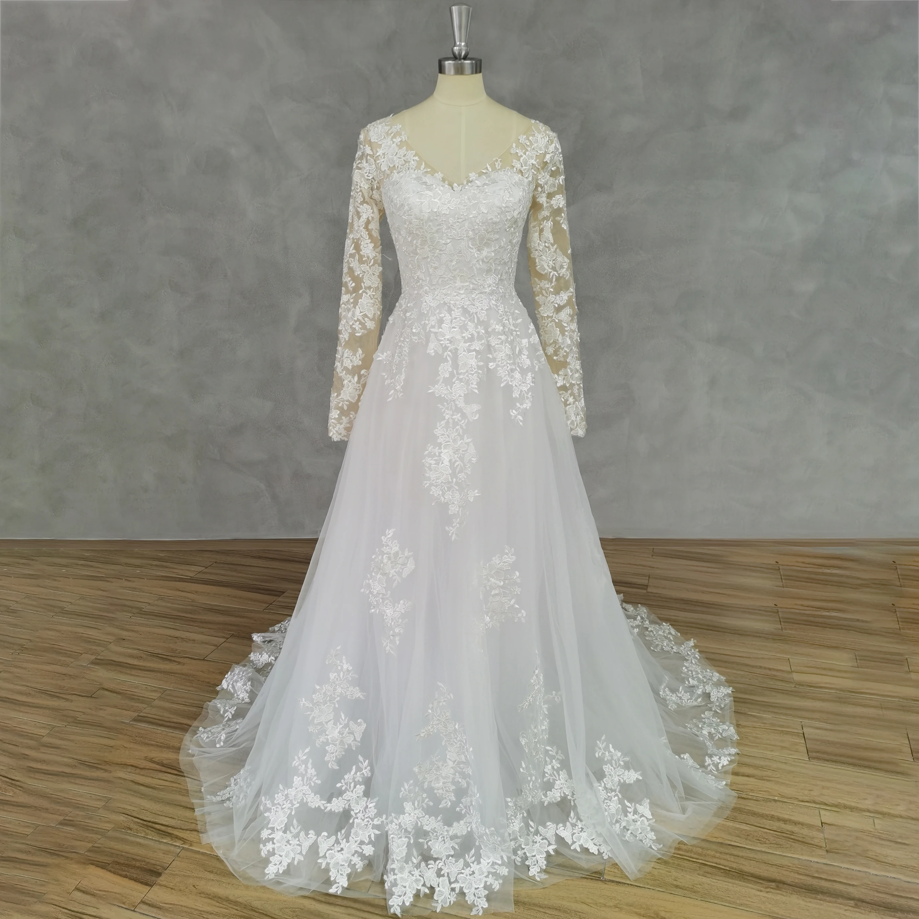 

DIDEYTTAWL Real Picture V-Neck Appliques Long Sleeves Shiny Tulle White A-Line Wedding Dress Button Back Court Train Bridal Gown