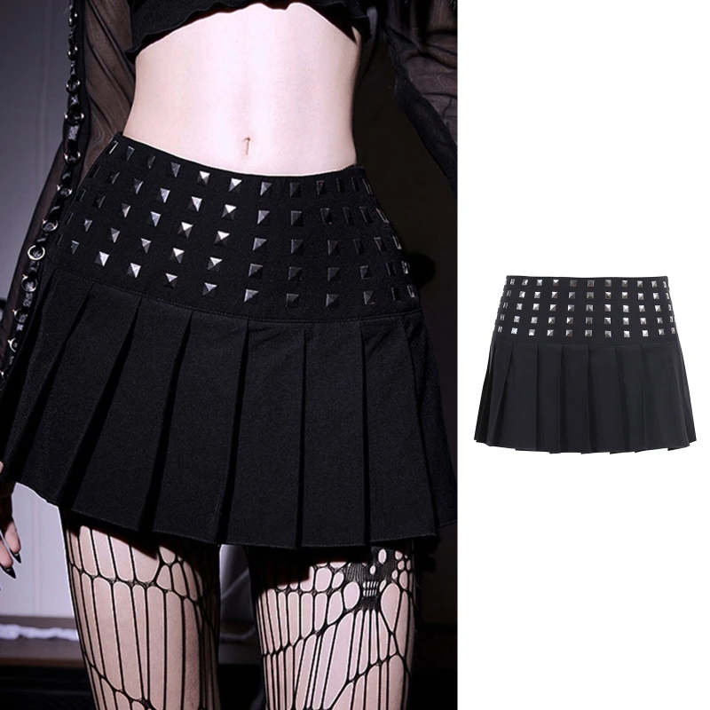 

Punk Gothic Black Sexy Low Waist Patchwork Super Mini Pleated Skirt Rivet