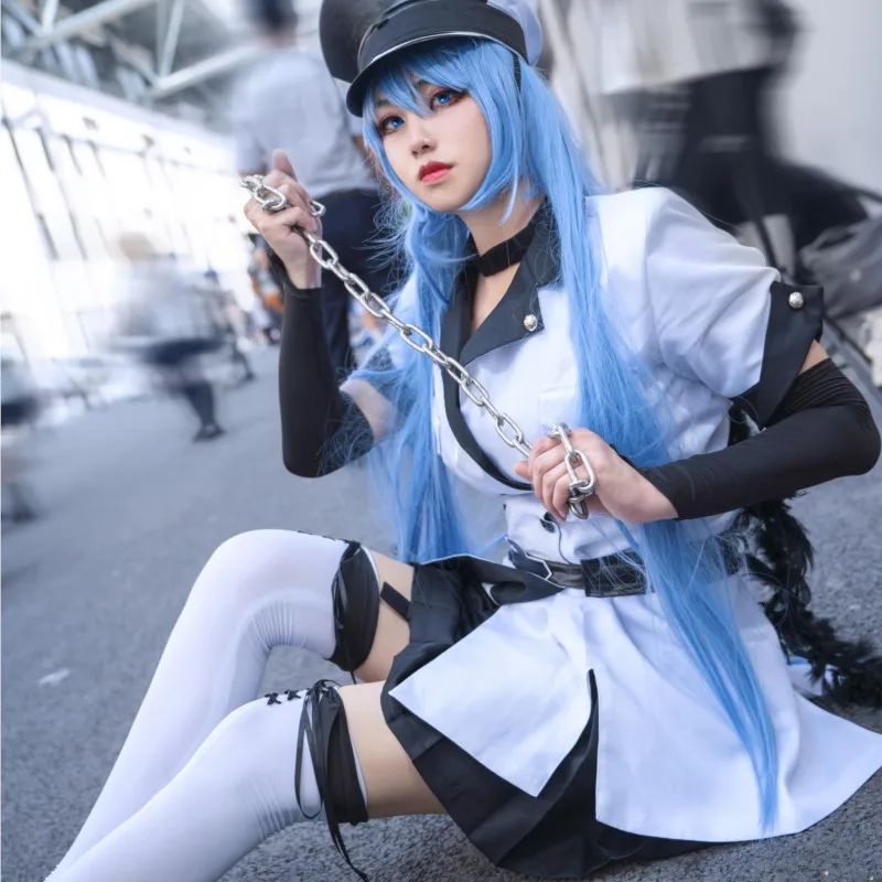 

Anime Akame Ga KILL Cosplay Esdeath Empire Cosplay Costume Uniform with Hat Blue Wig Halloween Party Cos for Women Girl Costume