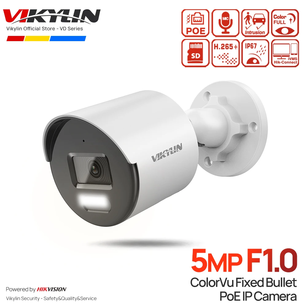 

Видеокамера видеонаблюдения VIKYLIN 5MP Full Color IP, POE Bullet F1.0 H.265 + IP67 MIC Color Vu Human, обнаружение автомобиля, работающая от Hikvision