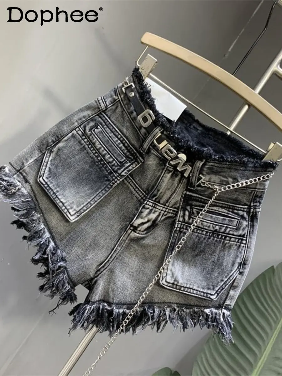 

Модные черные джинсовые шорты с завышенной талией и бахромой с необработанными краями, женские сексуальные трапециевидные шорты с широкими штанинами в стиле ретро для девушек, лето 2023