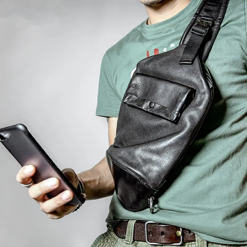 High-quality genuine leather men's black chest bag outdoor fashion casual daily designer luxury natural cowhide crossbody bags