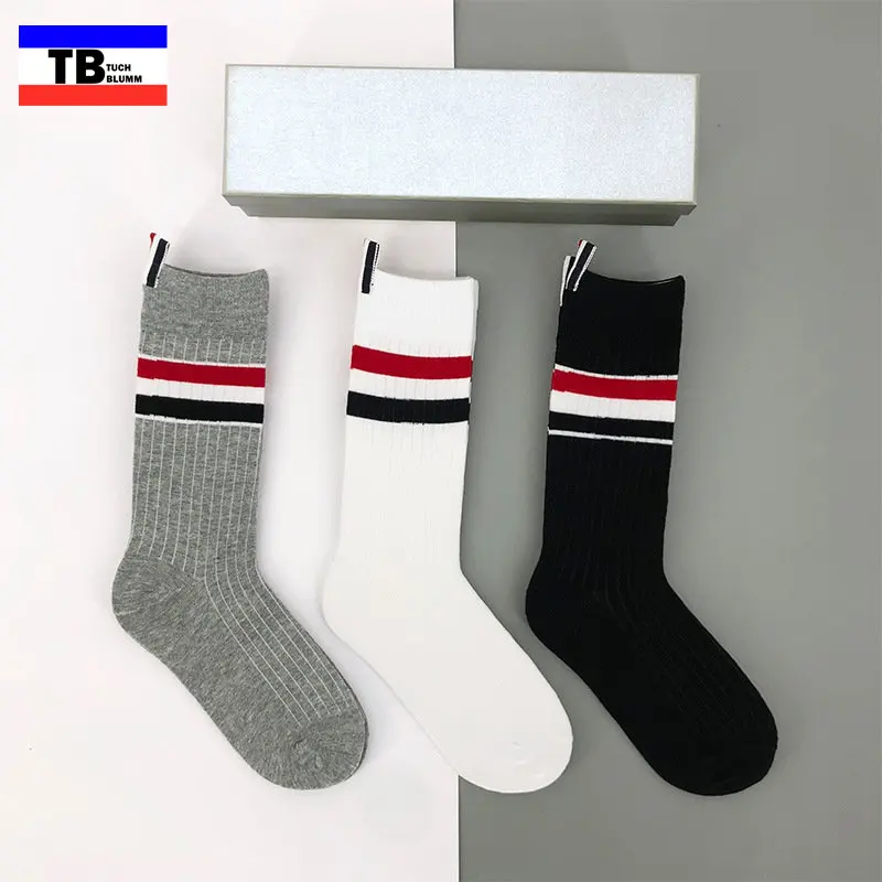 

3Pairs Harajuku Socks 2022 Fashion Korea Street Hip Hop Skateboard Striped TB Mid Tube Socks Solid Color Breathable Cotton Socks