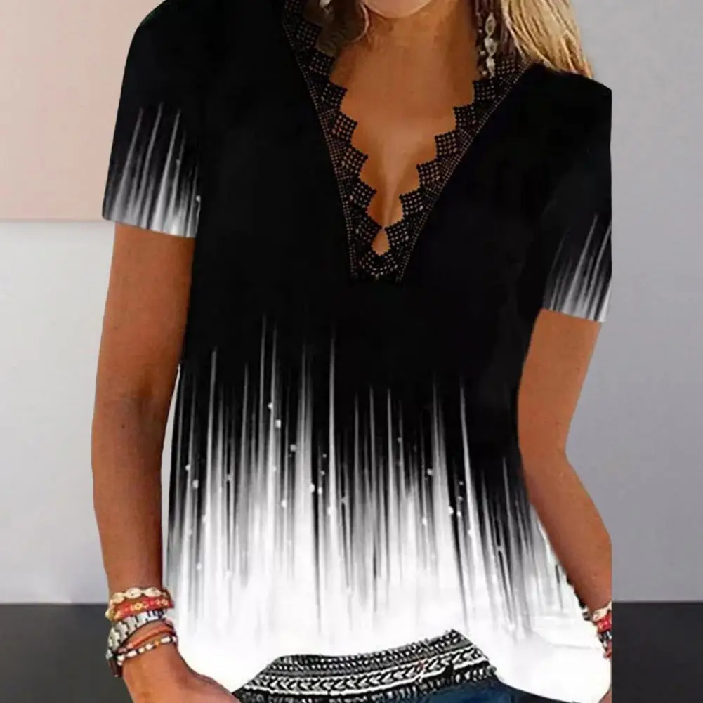 

Стильная футболка с V-образным вырезом, дышащая футболка, женский кружевной топ с вышивкой на воротнике