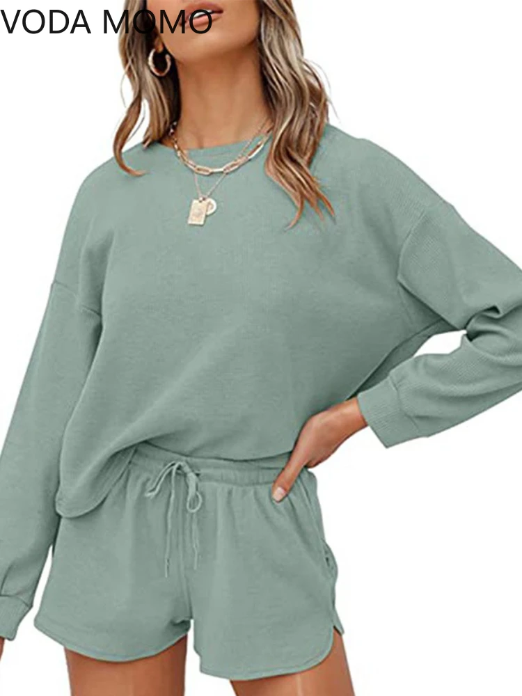 

Women Solid Casual Two Piece Set Long Sleeve Loose Top Drawstring Shorts Tracksuit Home Outfits Autumn Fashion Sportswear Cloth