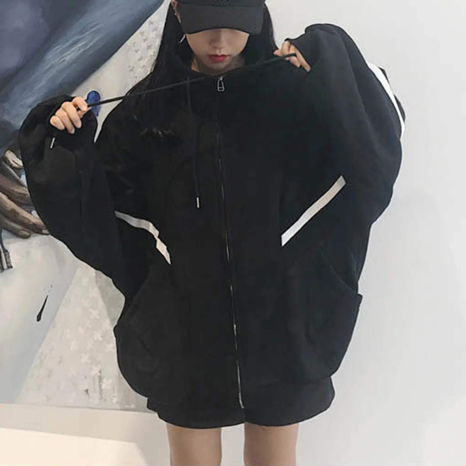

Women Coat Long Sleeve Pockets Fashion Irregular Sweatshirt Loose Hoodie with Zipper Women Long Sleeve Hooded Sweatshirt Women