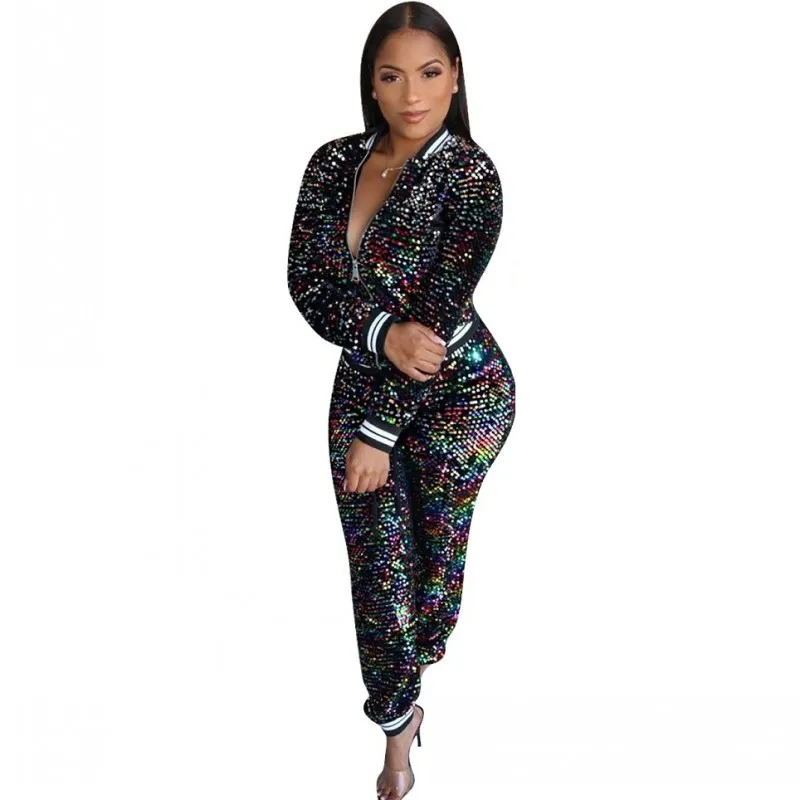 

African Clothes For Women 2 Piece Set Tops And Pant Suits Set 2022 Spring New Fashion Sequin Streetwear African Outfits Clothing