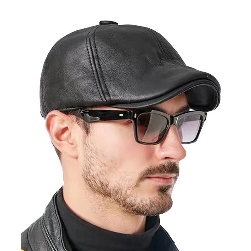 Зимние мужские теплые береты Кожаная шапка с мехом для мужчин меховыми вставками