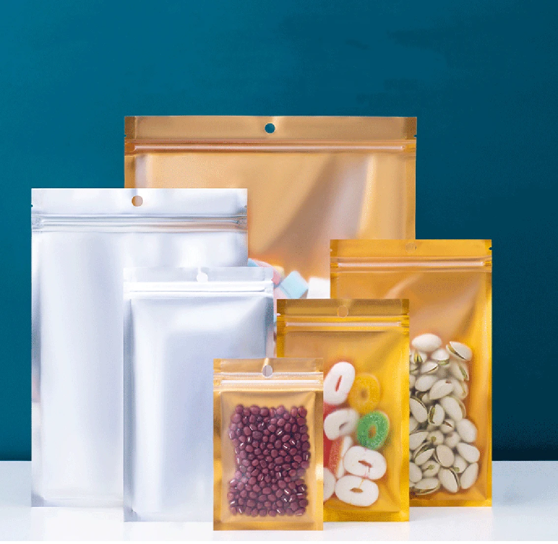 

100Pcs Flat Gold Clear Aluminum Foil Zip Lock Bag with Hang Hole Storang Packaging Pouches Dried Fruit Food Tea Sealed