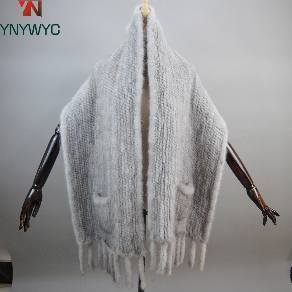 Женский зимний теплый шарф из пашмины натурального меха норки женский вязаный