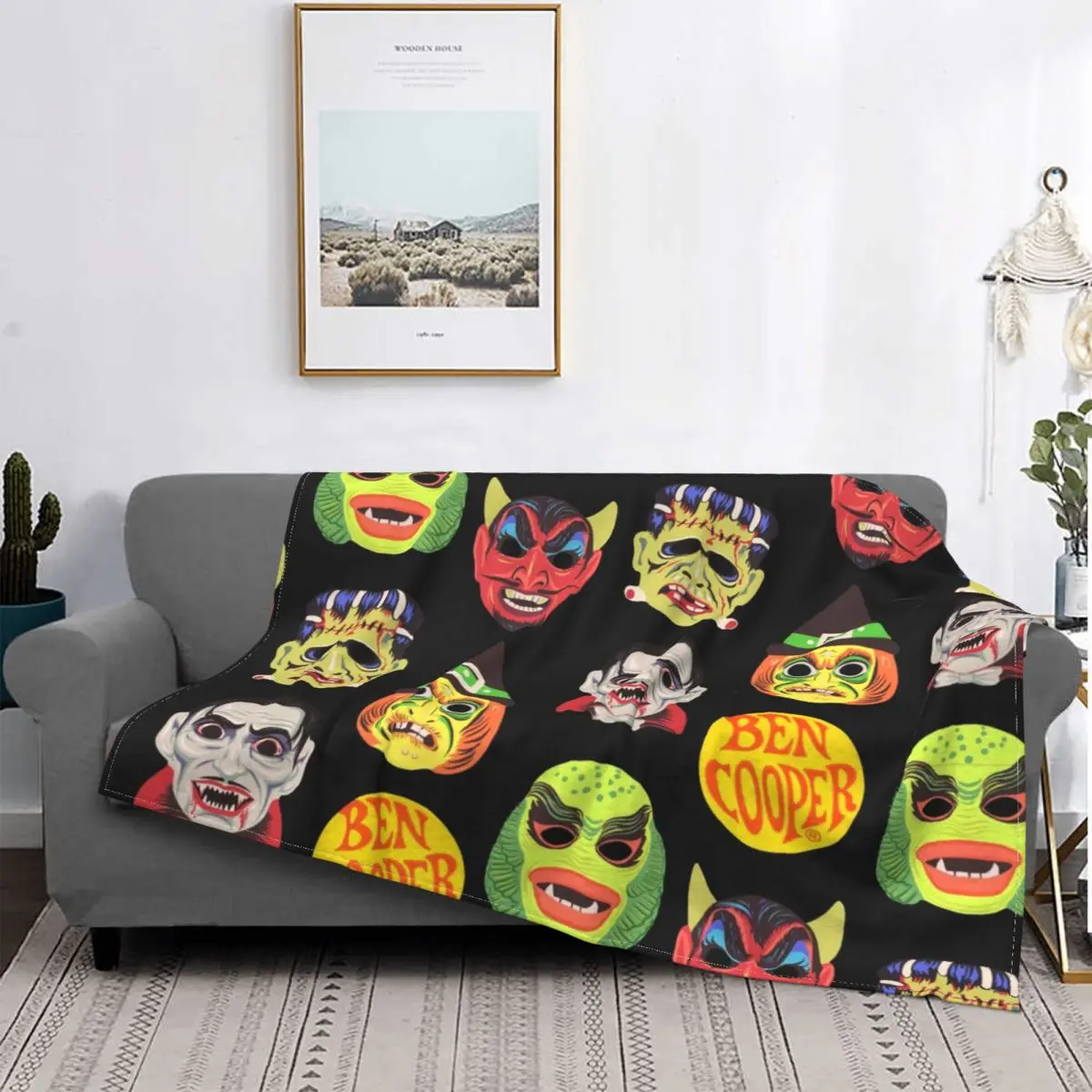 

Vintage Halloween Masks Blanket Fleece Textile Decor Scary Breathable Lightweight Throw Blanket for Home Car Quilt
