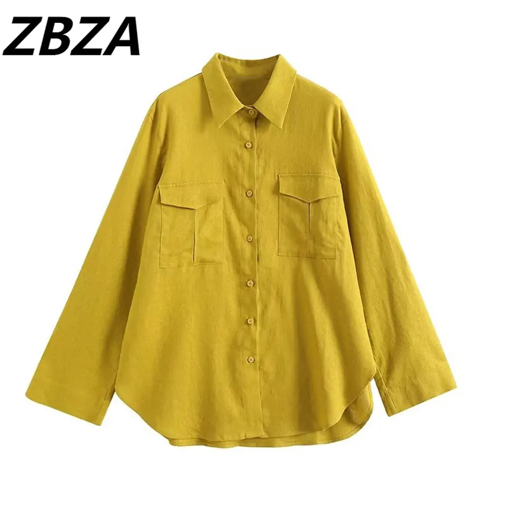 

ZBZA женские 2023 новые модные удобные льняные карманы Украшенные Длинными Рукавами солнцезащитные блузки винтажные женские шикарные топы