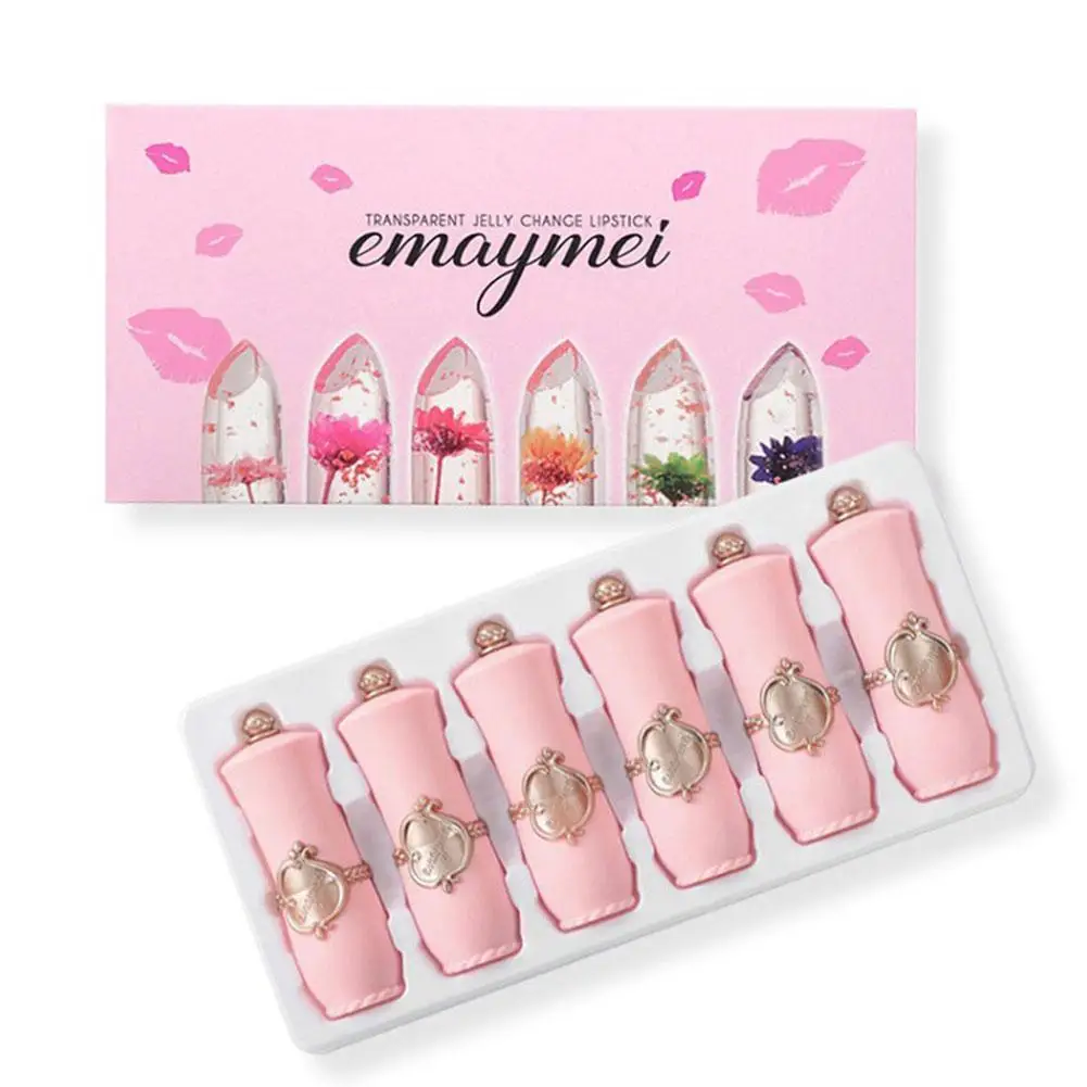 

6Pcs/Box Crystal Clear Flower Jelly Lip Balm Kits Set Temperature Color Changing Lipstick Moisturizer Vitamin E Beauty Health