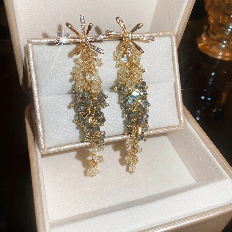 

Minar Trendy Colorful Crystal Flower Drop Earrings for Women Lady Shiny CZ Cubic Zirconia Long Tassel Earrings Wedding Jewelry