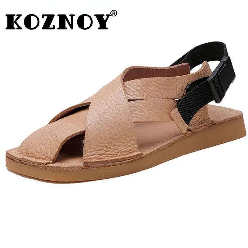 

Koznoy 2cm Flats Sandals Luxury Designer Women Ethnic Natural Cow Genuine Leather Summer Comfortable Slippers Slide Ladies Shoes