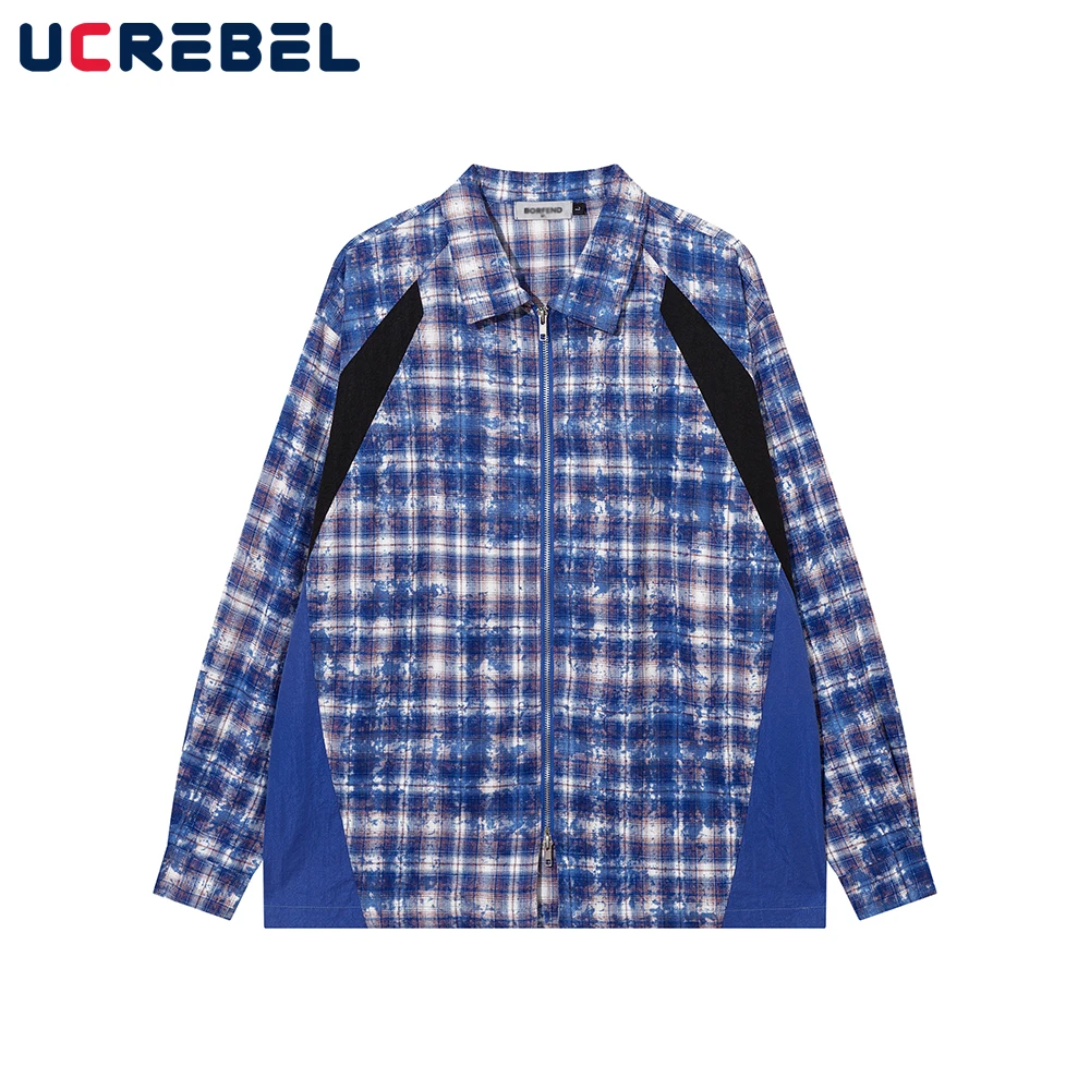 

Рубашка мужская с контрастными панелями, свободная уличная одежда на молнии, Повседневная рубашка с длинным рукавом и воротником с лацканами, осень