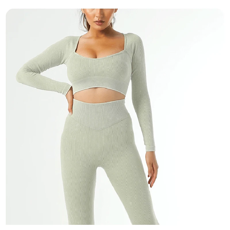 Seamless Ribbed Women Long Sleeve Yoga Shirts Sport Crop Top Fitness Workout Sports Wear For Women Running Yoga T-Shirts Gym Top