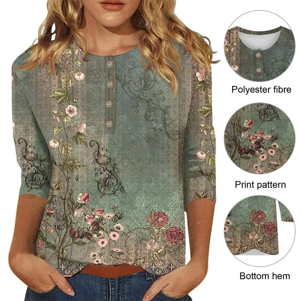 

Spring Autumn Shirt Vintage Floral Button-up Blouses for Women Colorfast Soft Breathable Three Quarter Sleeve Tops Lady T-shirt
