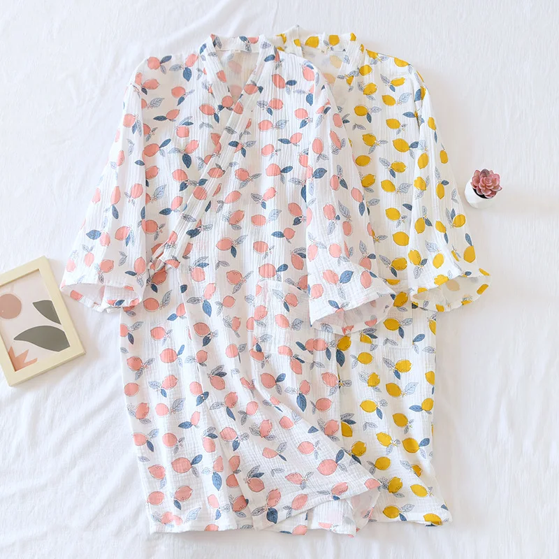 Crepe Printed  Kimono Robes Diagonal Lace Up V-neck Loose Comfortable Nightgown Three Quarter Mango Bathrobe Long Night Gown