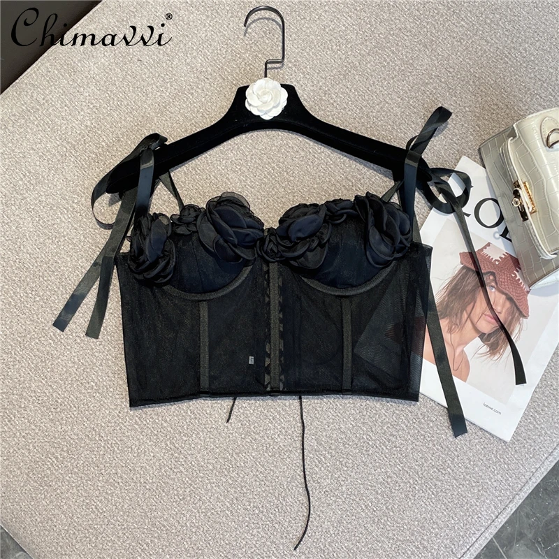 

2022 Spring Summer New Female Korean Style Sexy Camisole Women's Fashion Solid Flower Edge Ribbon Knotted Short Mesh Vest Top