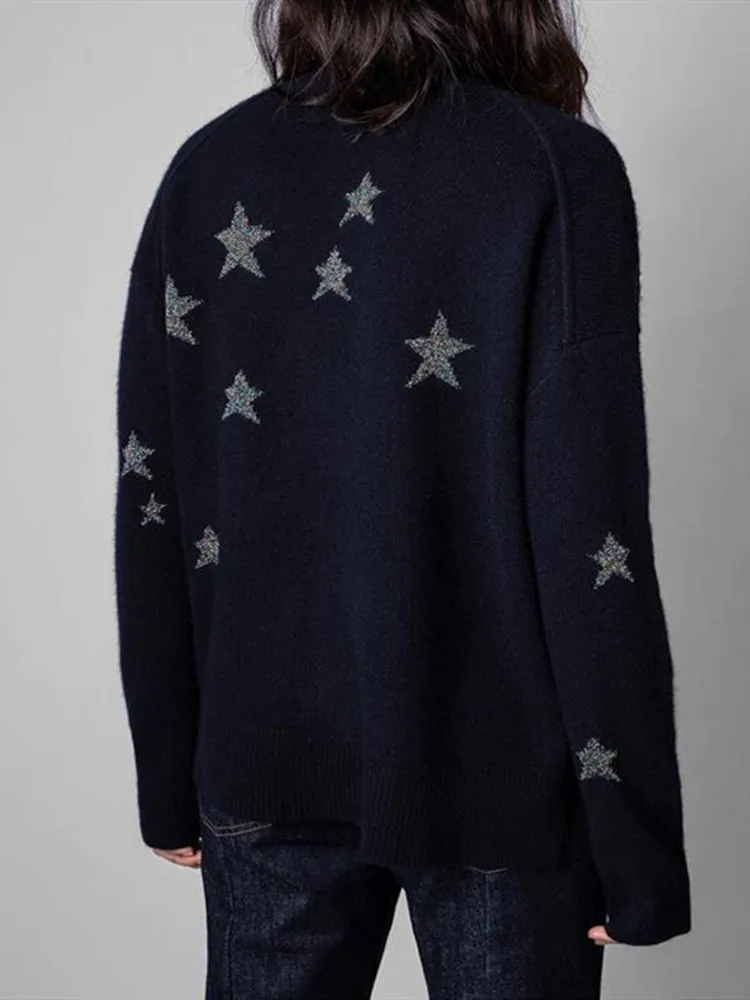 

Женский однобортный Кардиган со звездами, трикотажный однобортный Кардиган с V-образным вырезом, верхняя одежда, 2022