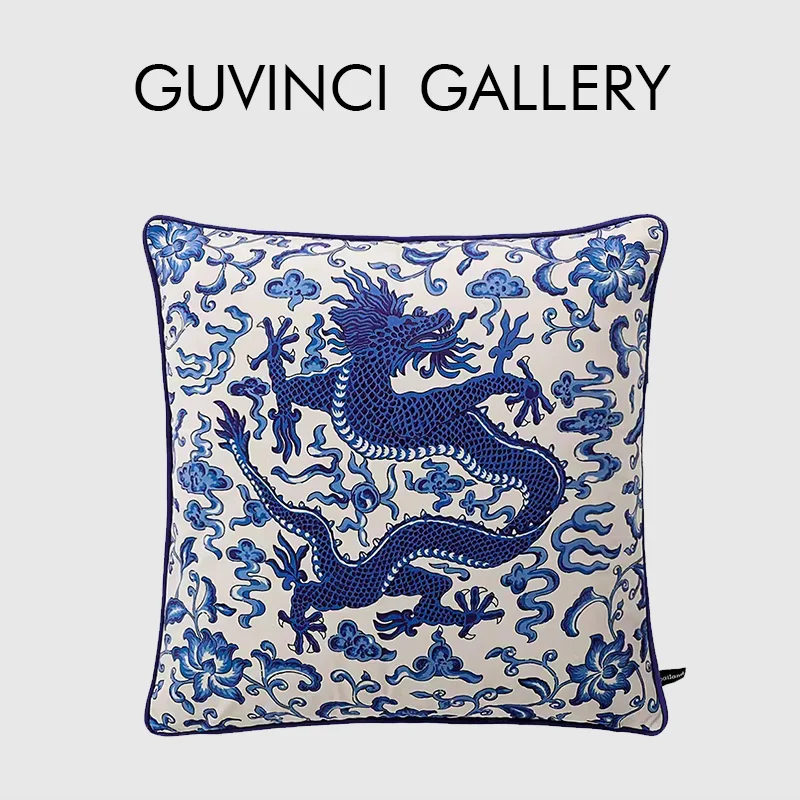 Фото Декоративная наволочка GUVINCI Chi'en Indigo Blue Dragon, роскошный бархатный квадратный чехол для подушки 60x60 см, в стиле эклектика, для домашнего декора №1