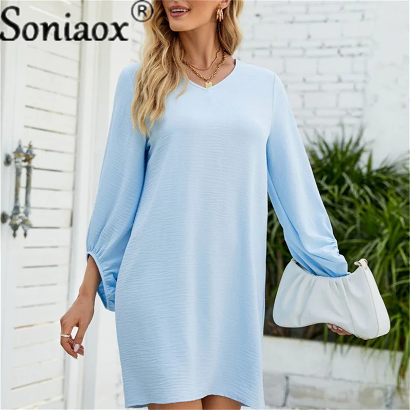 2022 Autumn Women Short Casual Dress Ladies Solid Color A-Line Mini Dresses Womens Puff Sleeve V Neck Simple Loose Spring Dress
