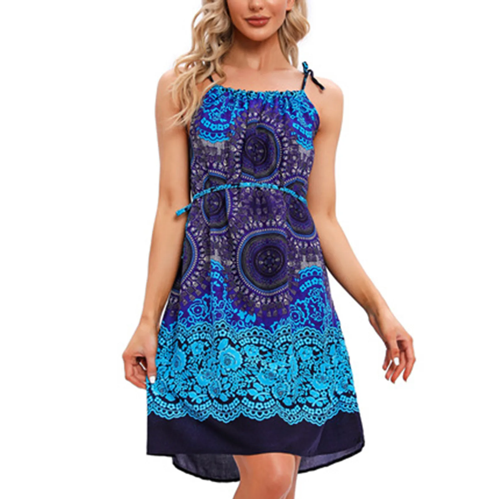 

Bohemian Beach Dress Women Summer Spaghetti Strap Vintage Dresses Outfits Sleeveless Female Sundress