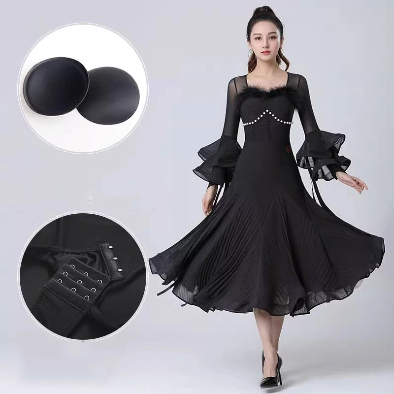Новинка 2024 черные женские платья для бальных танцев одежда конкурсов вальса