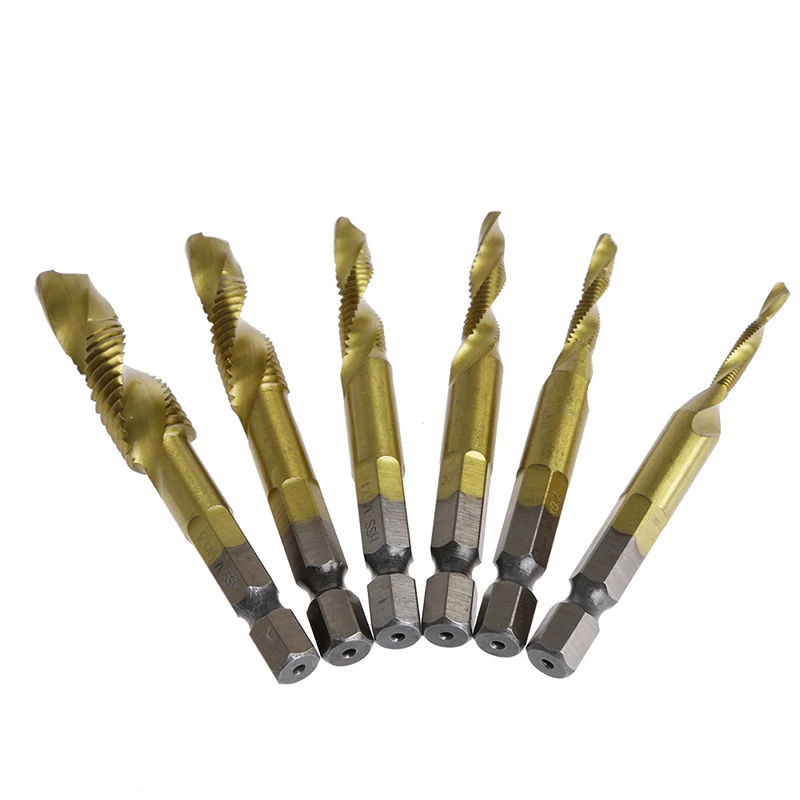 

6 Pcs/Set HSS4241 Titanium Coated Drill Bits Hex Shank Spiral Tap M3-M10
