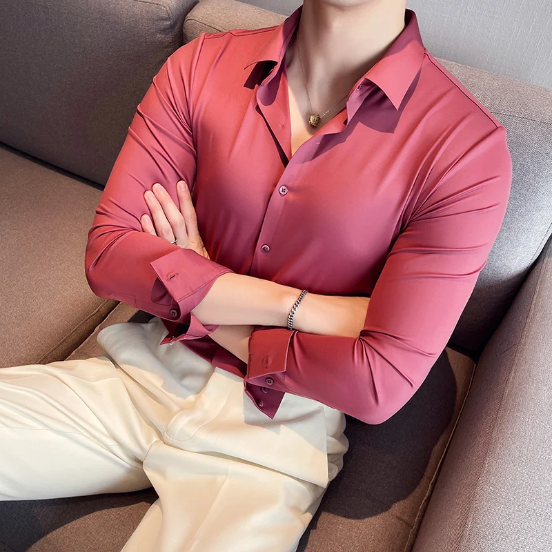 

2022 New Solid High Elasticity Seamless Shirts Men Long Sleeve Top Quality Slim Casual Luxury Shirt Social Formal Dress Shirts
