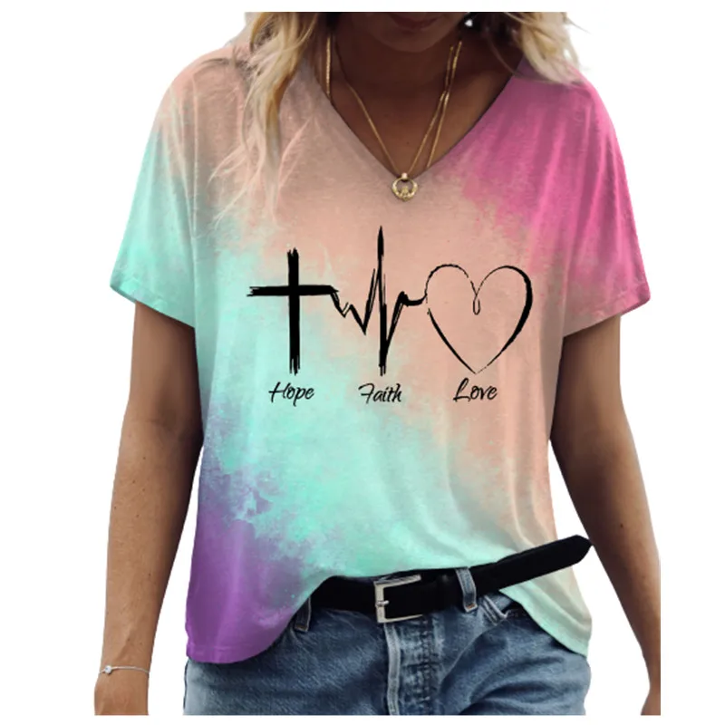 

2022 summer degraded ECG print T-shirt, women's plus size short sleeve casual T-shirts, women's V-neck urban fashion T-shirts