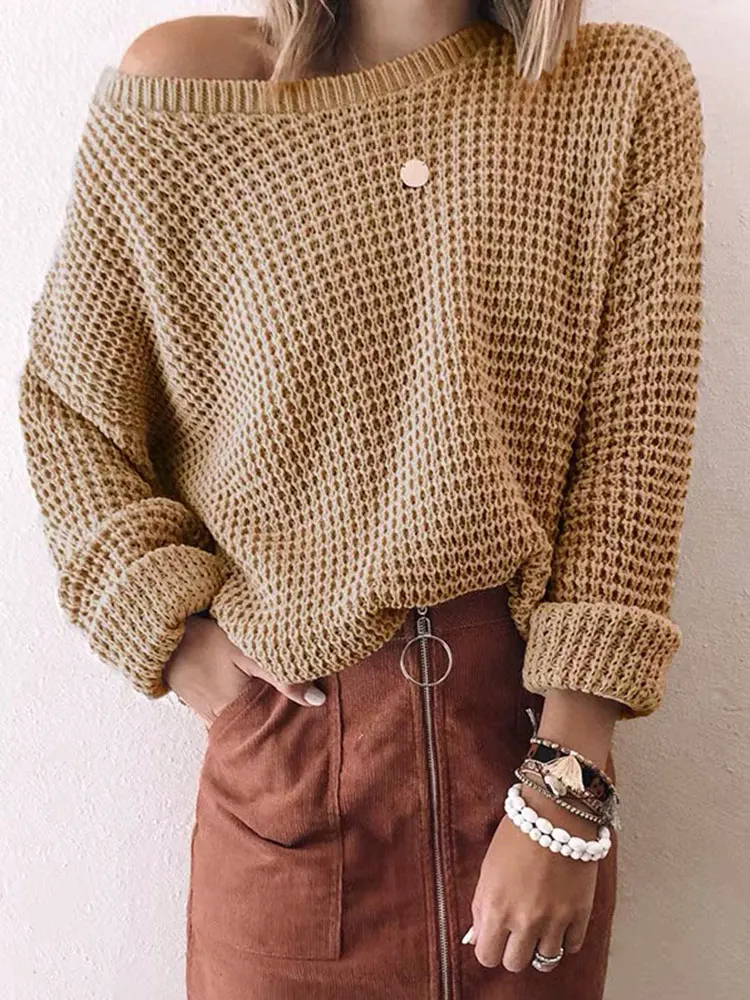 

Women's Batwing Long Sleeve Loose Oversized Chunky Waffle Knitted Pullover Sweater Autumn Winter Solid Vintage Knit SweatersTops