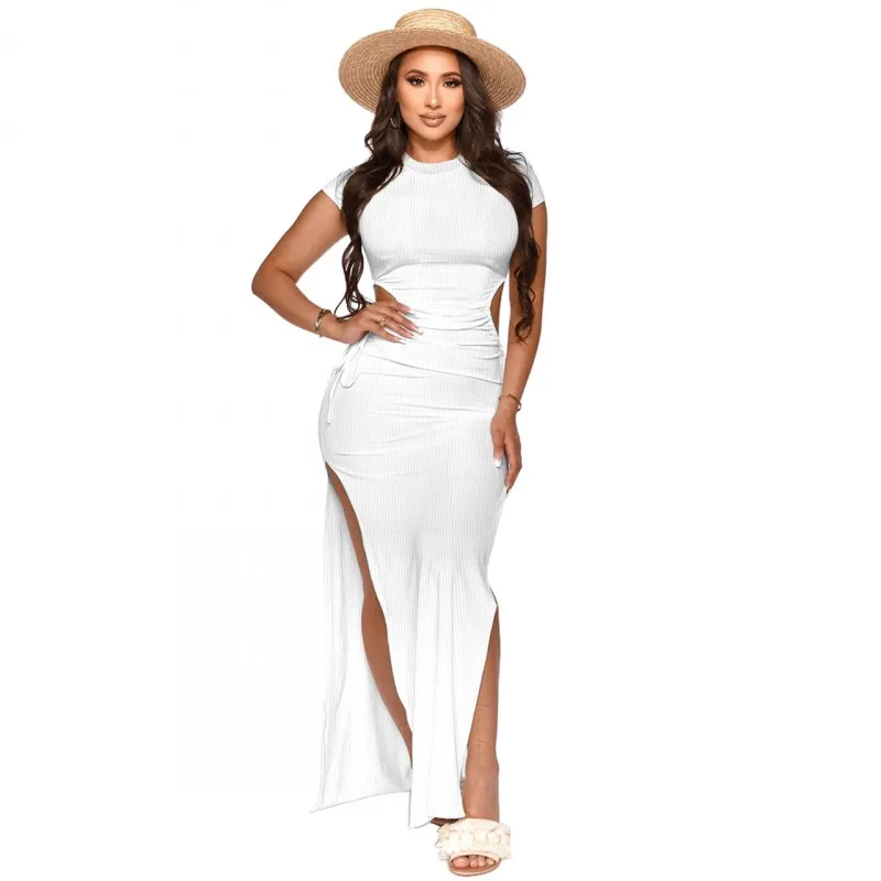 Женское длинное облегающее платье-футляр с коротким рукавом и круглым вырезом |