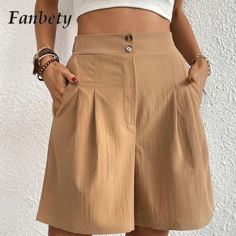 

Брюки Женские однотонные с завышенной талией, модные элегантные свободные штаны с карманами, офисные повседневные короткие штаны на пугови...