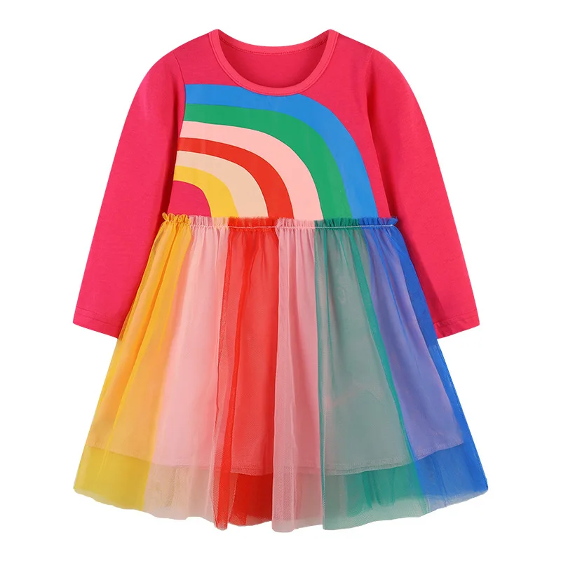 

Autumn Children Dress Cotton Princess Girls Dress With Rainbow Striped Baby Girls Dress Fashion Gauze Toddler Party Dress