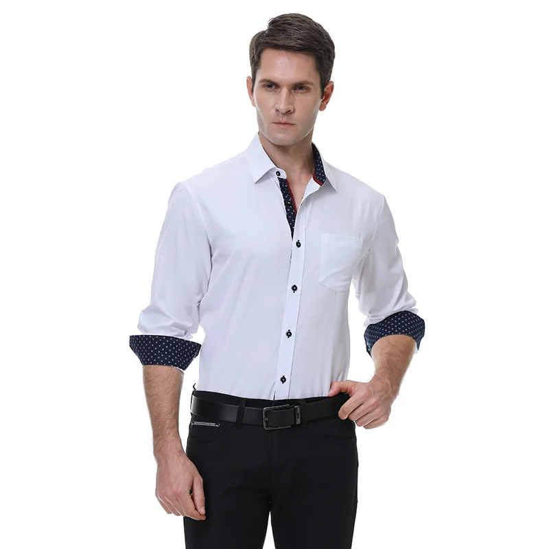 

Spring Mens Long Sleeve Dress Shirts Brand New Fashion Patchwork White Shirt Regular Fit Button Down Formal Business Shirt Men