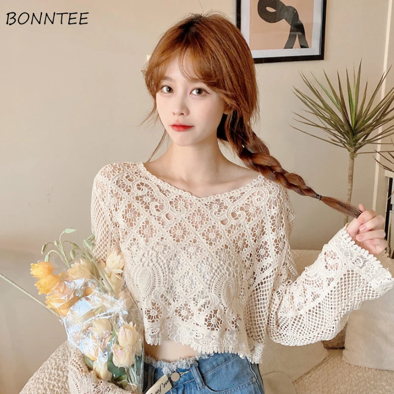

Blouses Women Hollow Chic Solid Sexy Long-sleeve Femme Trendy Sun-proof Summer Cute Casual O-neck Newly Streetwear Breathable