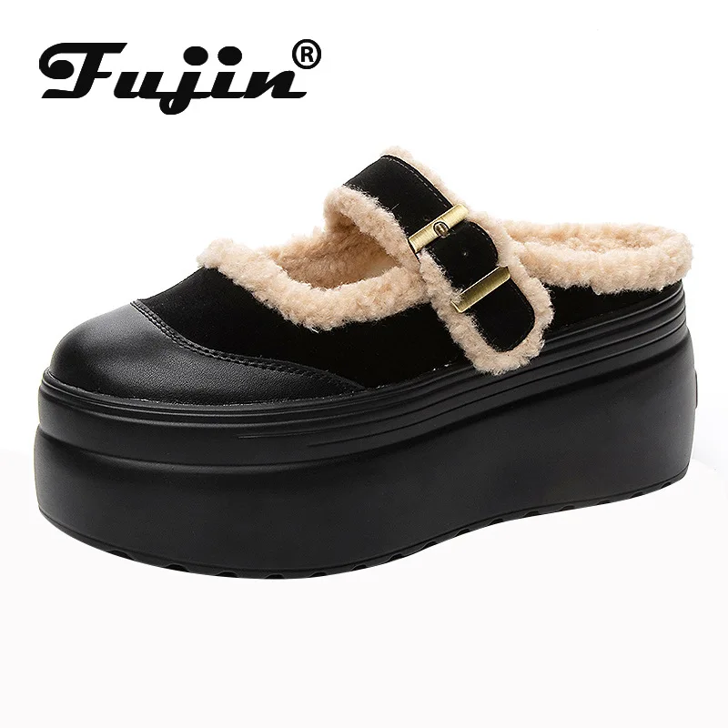 

Fujin 8cm Genuine Leather Fur Slippers Mary Jane Warm Fashion Warm Slides Platform Wedge Autumn Spring Winter Plush Women Shoes