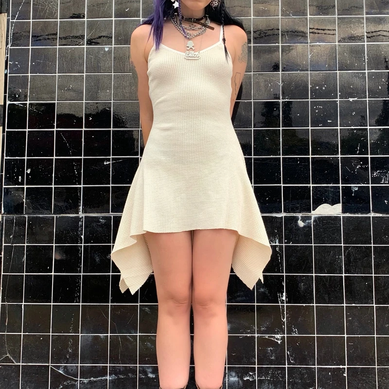 

2022 Women Summer V Neck Sleeveless Ruffles Hem Dress E-girl Dark Academia Mini Dress Harajuku Gothic Grunge Emo Alt Clothes
