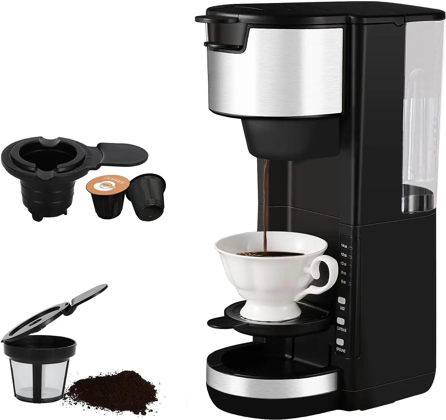 

Serve Coffee Maker for K Cup & Ground Coffee, 6 to 14oz Brew Sizes, Small Coffee Maker with 30 OZ Water Reservior & Auto Cold br