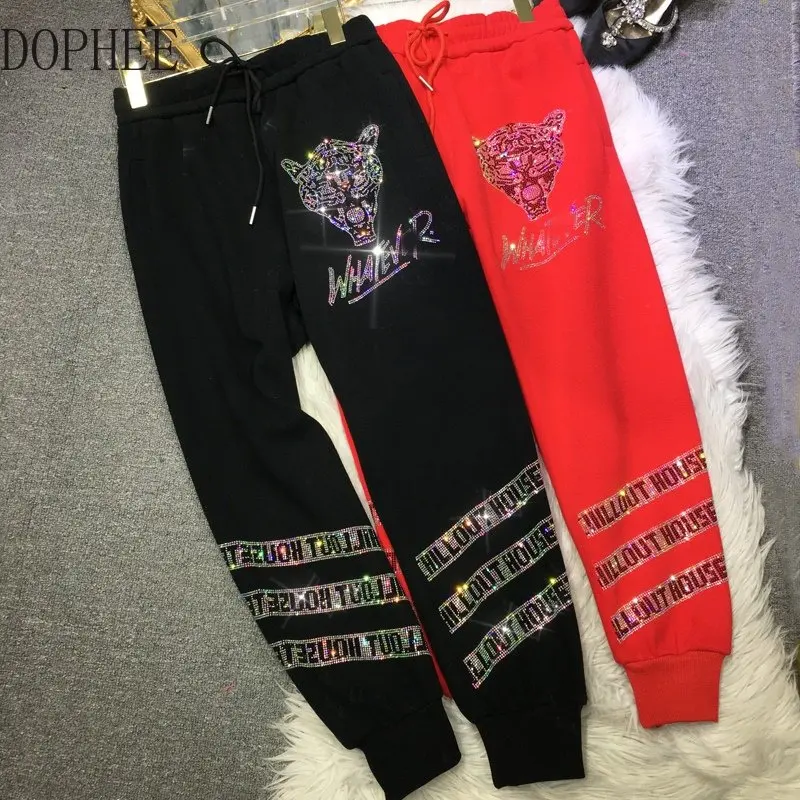 

Blingbling Luxury Hot Drilling Women Sweatpants Fleece Thicken Leopard Athleisure Trousers Streetwear Drawstring Elastic Waist