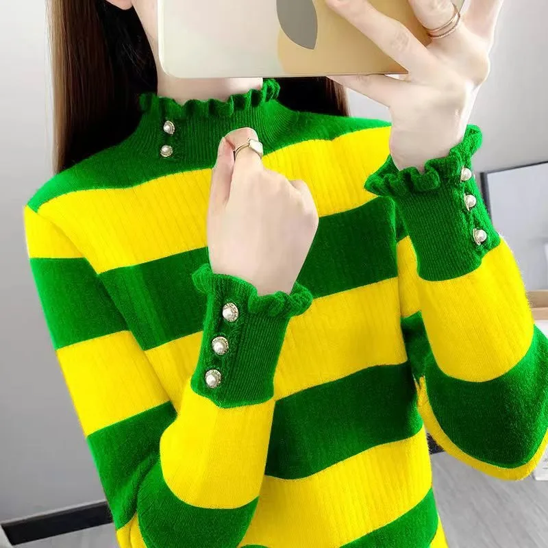 Полуводолазка с длинными рукавами женский осенний 2024 новый вязаный полосатый